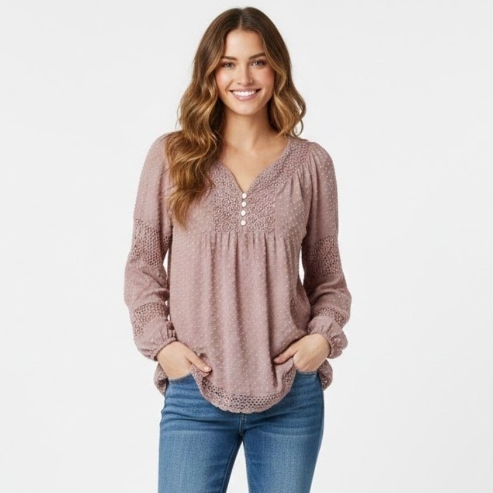 DANIEL RAINN Women Shirt Sm Mauve Swiss Dot Lace Trim Tunic Top Boho Fairy Sheer